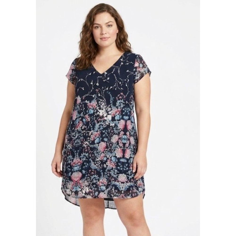 New Japna Navy Pink Multi Floral Round Neck Lightweight‎ Dress Large